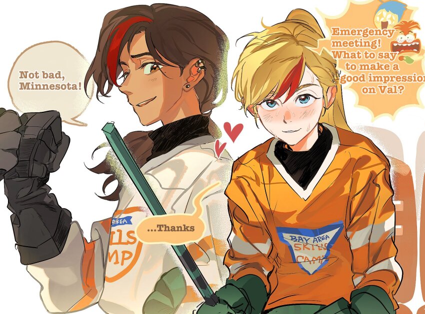 2girls, anxiety_(inside_out_2), blonde_hair, blue_eyes, blush, brown_eyes, brown_hair, ear_piercing, earrings, hair_dye, heart, highres, hockey_gloves, hockey_stick, hockey_sweater, hockey_uniform, holding_hockey_stick, inside_out, inside_out_2, jewelry, jocy3, joy_(inside_out), long_hair, multicolored_hair, multiple_girls, open_mouth, piercing, ponytail, riley_andersen, simple_background, smile, speech_bubble, sweat, valentina_ortiz, white_background, yuri