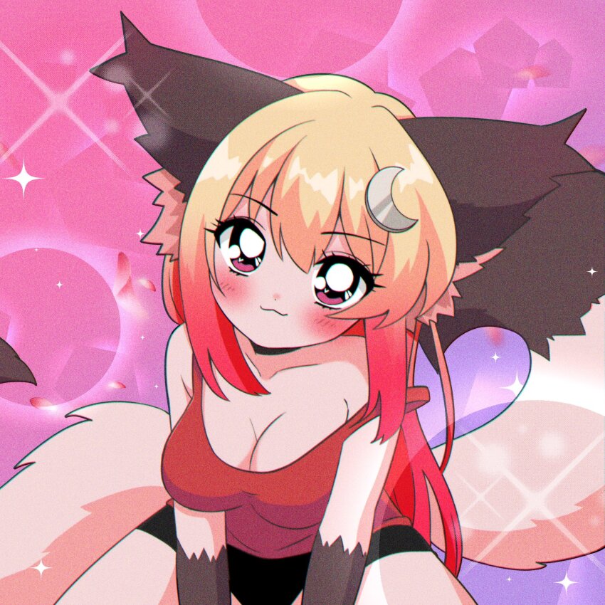 1990s_(style), 1girl, :3, animal_ear_fluff, animal_ears, bishie_sparkle, black_choker, black_panties, blonde_hair, blush, breasts, choker, collarbone, commentary, cowboy_shot, crescent, crescent_hair_ornament, dot_nose, english_commentary, film_grain, furry, furry_female, gradient_hair, hair_between_eyes, hair_ornament, highres, itou_ikuko_(style), light_blush, long_hair, looking_at_viewer, luna_(wolfychu), medium_breasts, multicolored_hair, multiple_tails, original, panties, petals, pink_background, pink_eyes, pink_petals, red_hair, red_tank_top, retro_artstyle, smile, solo, sparkle_background, tail, tan, tank_top, two_tails, underwear, wolf_ears, wolf_girl, wolf_tail, wolfychu_(artist)