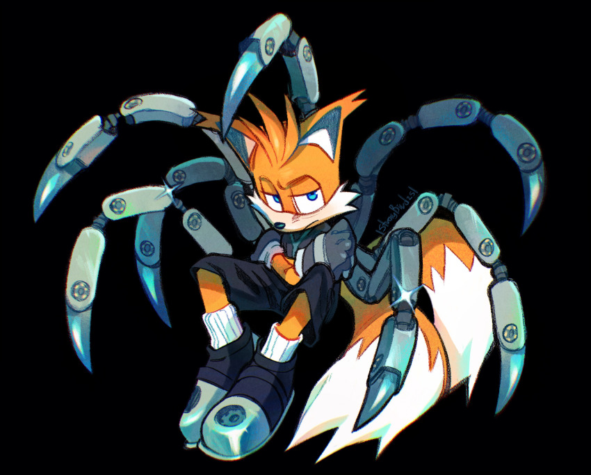 1boy, animal_ears, animal_nose, black_background, blue_eyes, closed_mouth, commentary, english_commentary, fox_boy, fox_ears, fox_tail, frown, full_body, furry, furry_male, gloves, grey_gloves, highres, male_focus, mechanical_tail, multiple_tails, nine_(sonic), shoes, simple_background, solo, sonic_(series), sonic_prime, standing, straybird25, tail, tails_(sonic), two_tails
