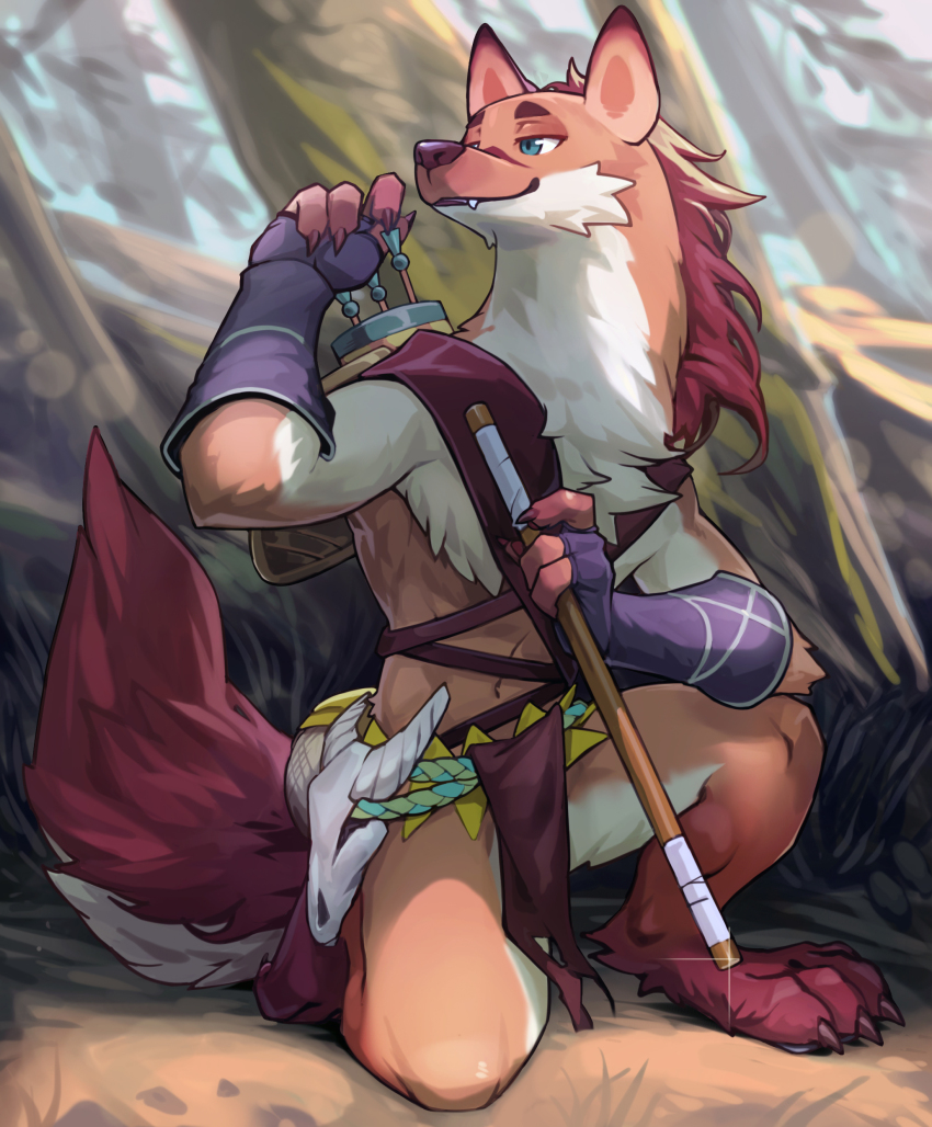 1boy, absurdres, afk_(series), afk_journey, barefoot, blowgun, blue_eyes, claws