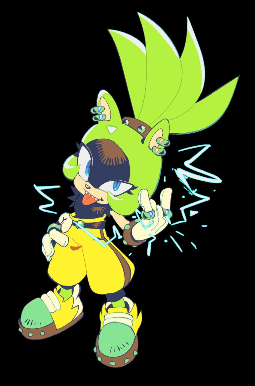 1girl, animal_ears, animal_nose, black_background, blue_eyes, commentary, earrings, electricity, full_body, furry, furry_female, gloves, green_shoes, highres, jewelry, looking_at_viewer, m/, pants, ponytail, qroken, ring, shoes, simple_background, solo, sonic_(series), sonic_the_hedgehog_(idw), standing, surge_the_tenrec, white_gloves, yellow_pants