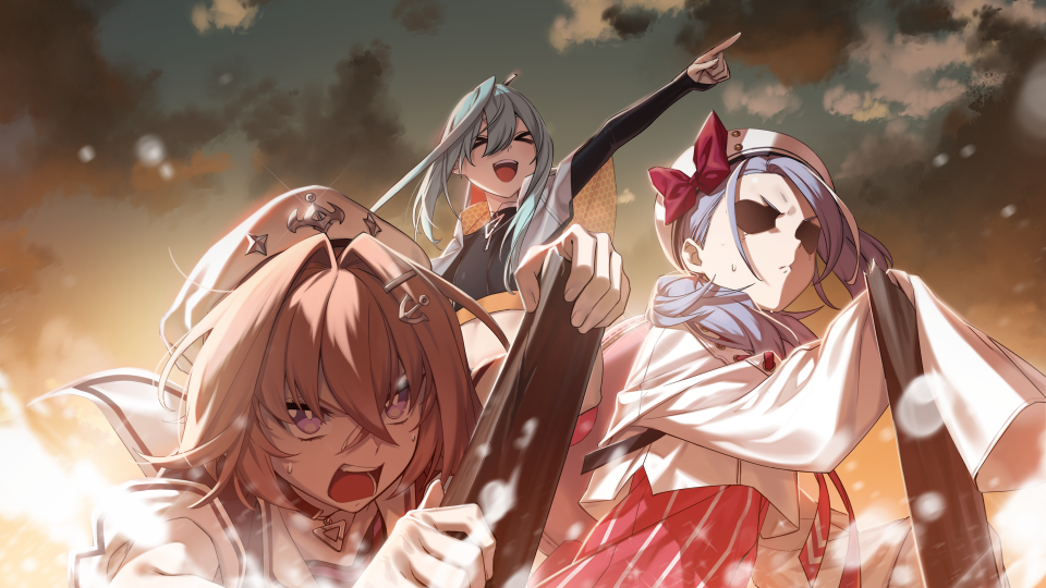 >:(, >_<, 3girls, :d, anchor_hair_ornament, aqua_hair, backpack, bag