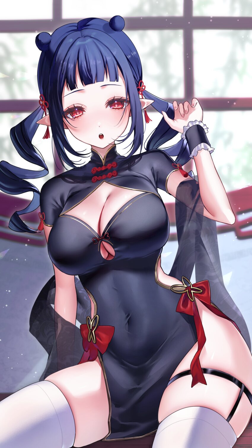 1girl, absurdres, alternate_costume, animal_ears, asymmetrical_legwear, black_dress, black_shawl, black_shrug