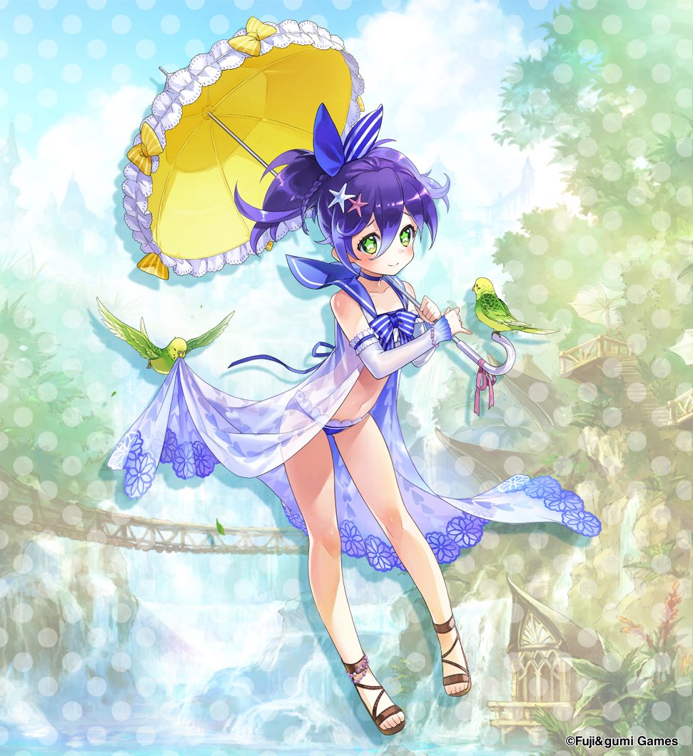 1girl, bikini, bird, blue_bikini, blue_bow, bow, braid, brown_sandals