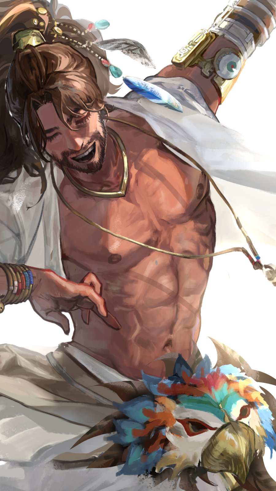 1boy, abs, bangle, beard, bracelet, close-up, closed_eyes, commentary