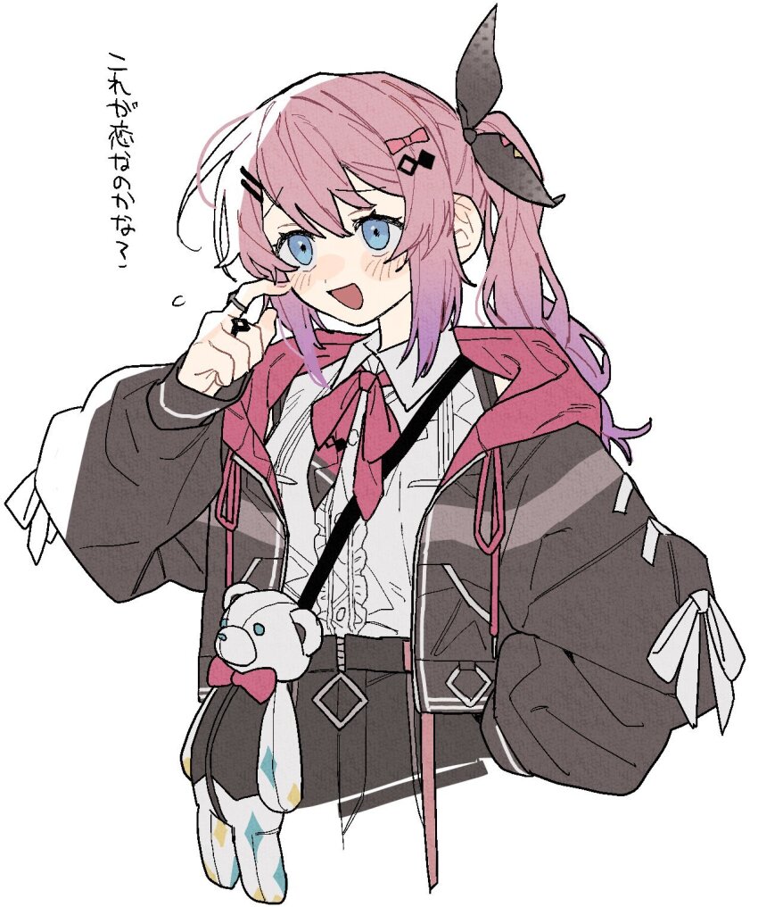 1girl, :d, bag, black_jacket, black_pants, blue_eyes, blush, bow