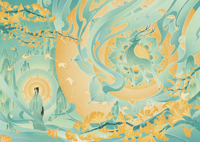 1boy, animal, aqua_background, aqua_fur, aqua_robe, autumn, autumn_leaves, bird, black_hair, branch, chinese_clothes, colored_smoke, deer, duo_chromatic, green_hanfu, green_sky, hair_bun, hair_ribbon, halo, hanfu, highres, huaepiphany, leaf, limited_palette, long_hair, male_focus, mandala, mountain, outdoors, ribbon, robe, scenery, shen_qiao, signature, single_hair_bun, sky, smoke, solo, standing, sun, swallow_(bird), thousand_autumns:_qian_qiu, tree, very_long_hair, white_ribbon, wide_shot, yellow_background, yellow_bird, yellow_eyes