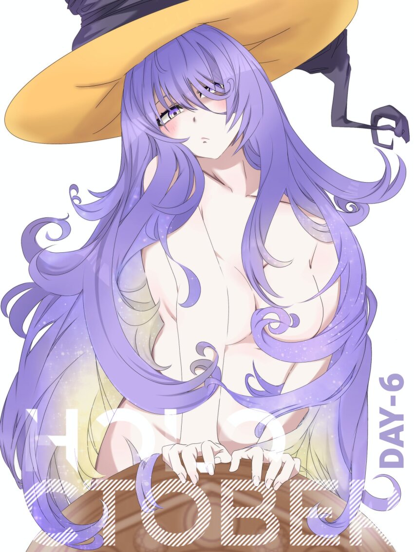 1girl, aion_tesla, blonde_hair, blush, breasts, colored_inner_hair, completely_nude, gradient_hair, hair_between_eyes, hat, highres, hololive, hololive_indonesia, large_breasts, long_hair, looking_at_viewer, moona_hoshinova, multicolored_hair, nude, purple_eyes, purple_hair, solo, starry_hair, two-tone_hair, very_long_hair, virtual_youtuber, witch_hat