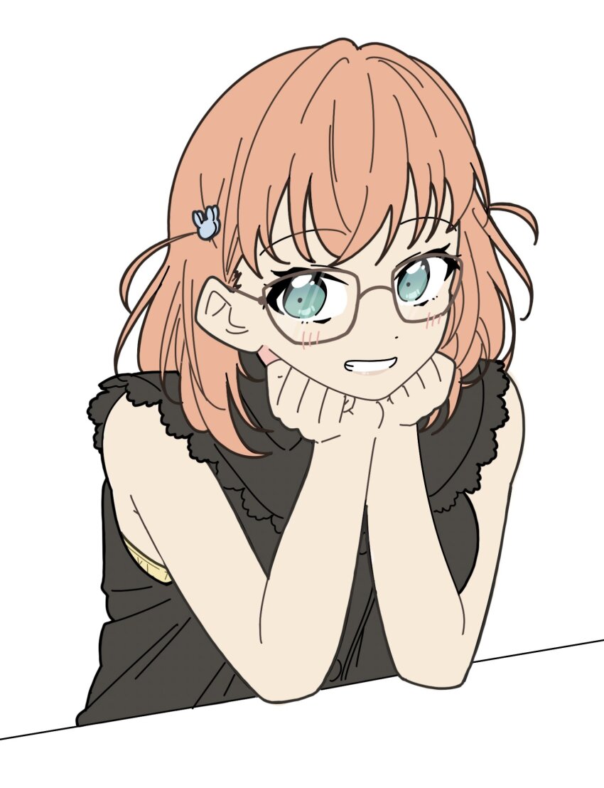 1girl, aqua_eyes, armpit_crease, black_shirt, bra, bra_peek, breasts, brown-framed_eyewear