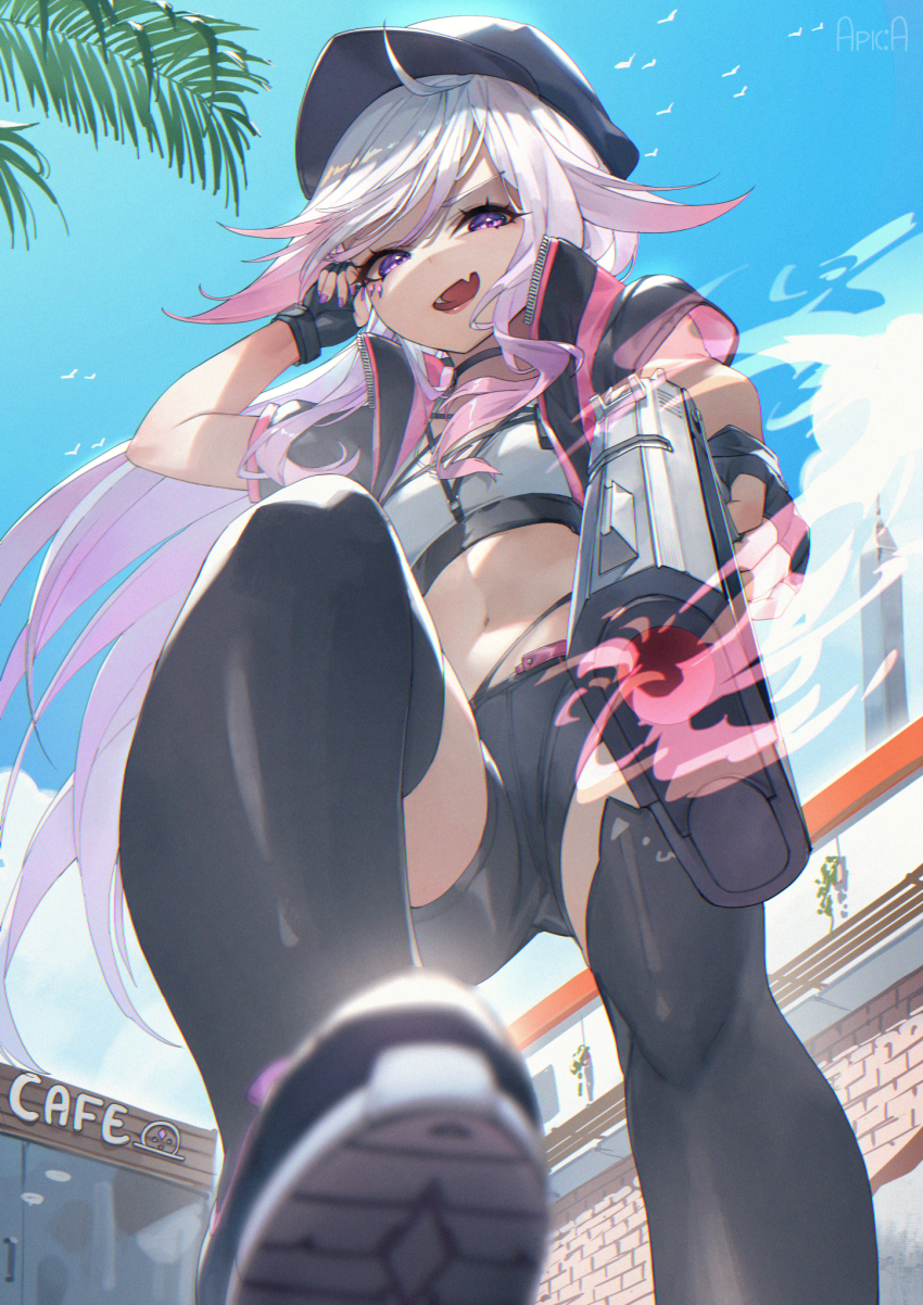 1girl, alternate_costume, arupaoka, black_thighhighs, blue_sky, breasts, colored_inner_hair, gloves, grey_hair, gun, handgun, highres, holding, holding_gun, holding_weapon, hololive, hololive_english, jacket, jewel_under_eye, koseki_bijou, long_hair, looking_at_viewer, multicolored_hair, navel, purple_eyes, purple_hair, shoe_soles, shorts, sky, small_breasts, smile, solo, tank_top, thighhighs, virtual_youtuber, weapon