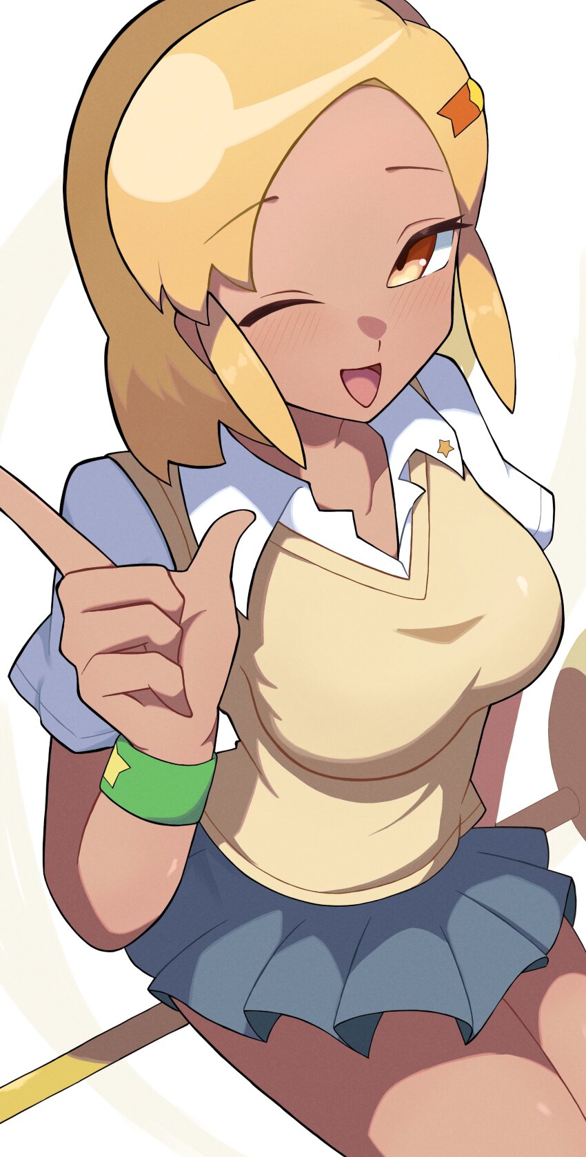 1girl, absurdres, angol_mois, blonde_hair, blush, breasts, brown_eyes, brown_sweater_vest, collarbone, dark_skin, grey_skirt, gyaru, hair_ornament, hairclip, highres, keroro_gunsou, kohiru_atsuku, large_breasts, looking_at_viewer, one_eye_closed, open_mouth, shirt, short_hair, short_sleeves, skirt, smile, star_(symbol), sweater_vest, white_shirt, wink, wristband