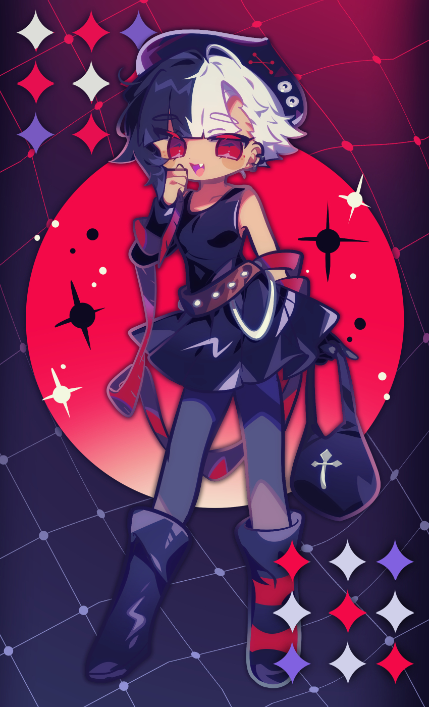 1girl, absurdres, bag, bare_shoulders, belt, black_bag, black_boots, black_hair, black_hat, black_pantyhose, black_skirt, black_tank_top, boots, breasts, brown_belt, collarbone, colored_eyelashes, cookie_run, cookie_run:_ovenbreak, cross, cross_print, currant_cream_cookie, ear_piercing, fang, full_body, hair_behind_ear, hand_on_own_cheek, hand_on_own_face, hand_up, hat, highres, holding, holding_bag, humanization, looking_at_viewer, miniskirt, multicolored_hair, omoyu_(nakyu715), open_mouth, pantyhose, piercing, red_eyes, short_hair, simple_background, skirt, small_breasts, smile, solo, sparkle, split-color_hair, tank_top, tongue, two-tone_hair, white_hair