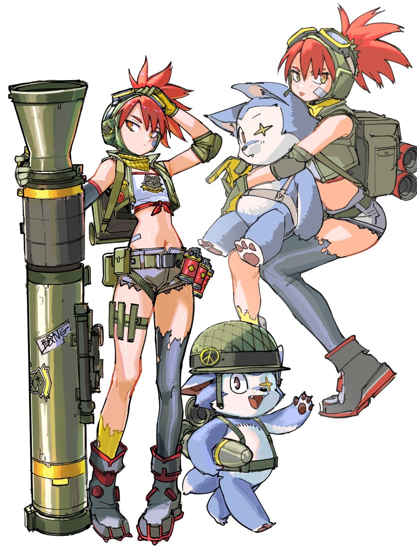 1girl, 1other, ammunition, angry_face_emoji, asymmetrical_legwear, backpack, bag, bandaid
