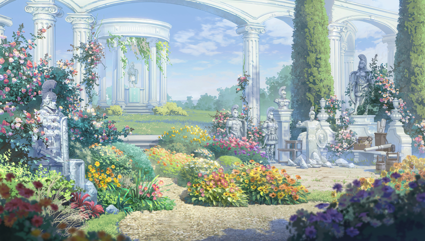 arch, architecture, bucket, bush, cloud, daisy_(flower), day, flower, garden, gazebo, grass, greco-roman_architecture, hammer, hanxiaodan, no_humans, orange_flower, original, outdoors, path, pavement, pillar, pink_flower, pink_rose, plant, purple_flower, red_flower, red_rose, road, rock, rose, saw, scenery, scroll, statue, toolbox, tree, vines, white_flower, yellow_flower