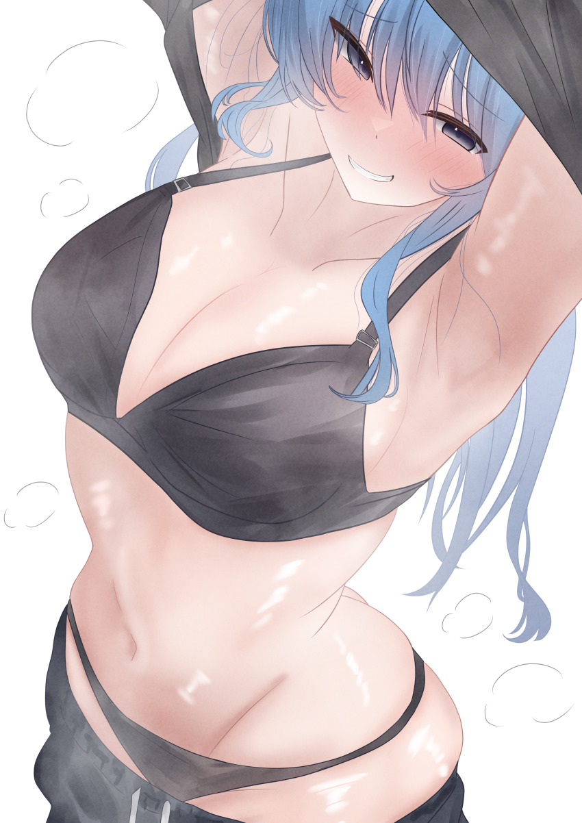 1girl, absurdres, alternate_breast_size, armpits, arms_up, ass, black_bra, black_panties, blue_hair, blush, bra, breasts, cleavage, collarbone, groin, highres, hololive, hoshimachi_suisei, large_breasts, long_hair, navel, oyashiro_ooo, panties, simple_background, skindentation, smile, solo, steaming_body, stomach, underwear, undressing, very_long_hair, virtual_youtuber, white_background