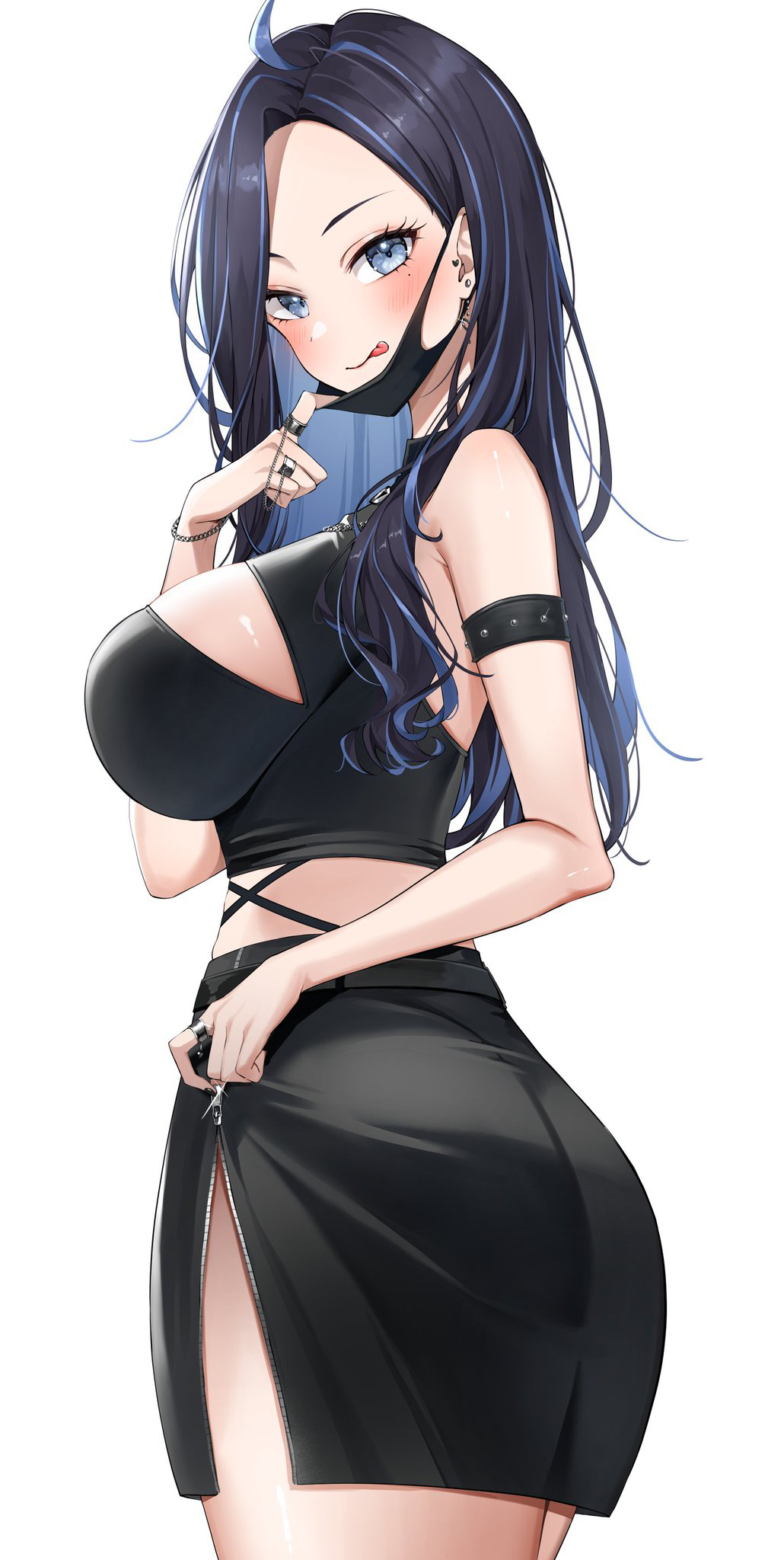 1girl, ahoge, arm_strap, bare_shoulders, black_hair, black_mask, black_skirt, black_tank_top