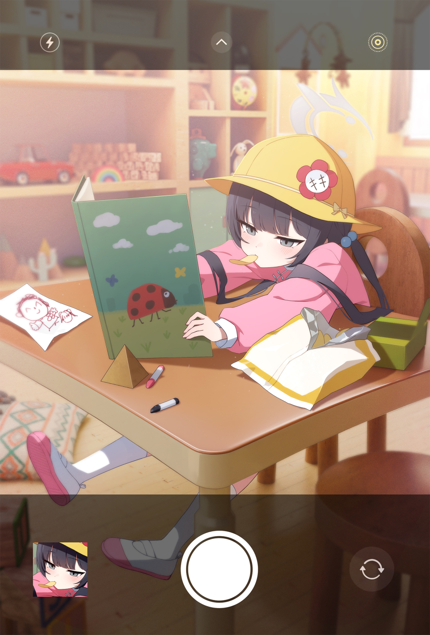 1girl, alphabet_blocks, angcha, black_hair, blue_archive, blunt_bangs, book, bow