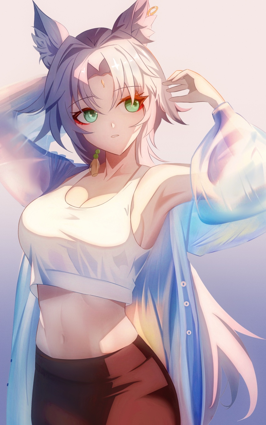 1girl, absurdres, animal_ears, arms_up, breasts, cleavage, commentary, crop_top, euzh266, feixiao_(honkai:_star_rail), fox_ears, green_eyes, grey_hair, highres, honkai:_star_rail, honkai_(series), large_breasts, long_hair, looking_to_the_side, midriff, navel, parted_lips, single_bare_shoulder, solo, stomach, tank_top, very_long_hair, white_tank_top
