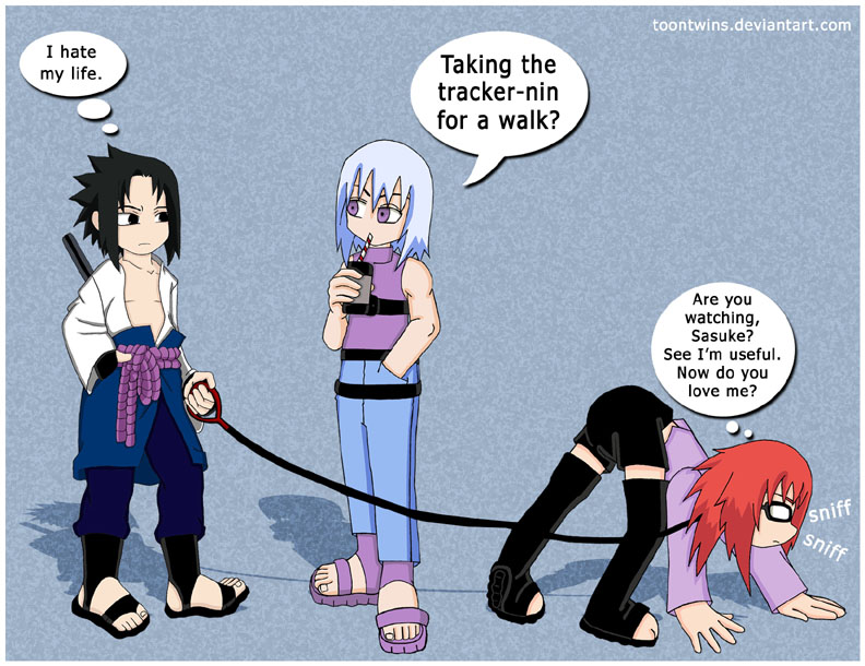 acting_like_an_animal, all_fours, artist_name, black_eyes, blue_background, blue_pants, border, bottle, drinking, fingerless_gloves, glasses, gloves, hand_in_pocket, hand_on_own_hip, holding, holding_behind_back, holding_sword, holding_sword_behind_back, holding_weapon, holding_weapon_behind_back, hoozuki_suigetsu, karin_(naruto), leash, long_hair, looking_at_another, multiple_boys, muscular, muscular_male, naruto_(series), naruto_shippuuden, pants, purple_shirt, red_hair, rope_belt, sandals, shirt, short_hair, short_shorts, shorts, sleeveless, sleeveless_shirt, speech_bubble, spiked_hair, spoken_sound_effect, sword, thought_bubble, toontwins, uchiha_sasuke, water_bottle, weapon, white_border, white_hair, white_shirt