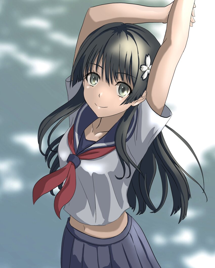 1girl, arms_up, black_hair, black_serafuku, blue_sailor_collar, blue_skirt, breasts, collarbone