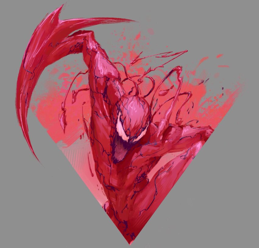 bodysuit, carnage_(marvel), grey_background, holo303, marvel, open_mouth, pink_bodysuit, sharp_teeth