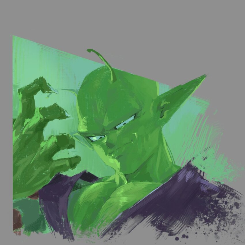 1boy, bald, colored_skin, dragon_ball, green_skin, green_theme, grey_background, holo303