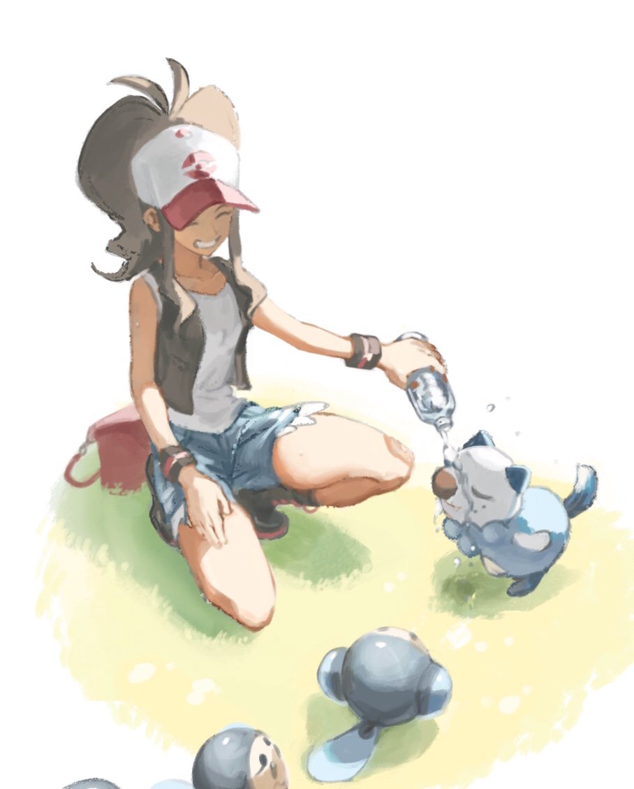 1girl, antenna_hair, bag, black_vest, bottle, brown_hair, closed_eyes, commentary_request, exposed_pocket, gen_5_pokemon, grass, grin, hat, hilda_(pokemon), holding, holding_bottle, long_hair, nintendo, oshawott, pink_bag, pokemon, pokemon_(creature), pokemon_black_and_white, pouring, shirt, shorts, sleeveless, sleeveless_shirt, smile, squatting, teeth, tftf649e, tympole, unworn_bag, vest, water, white_hat, white_shirt