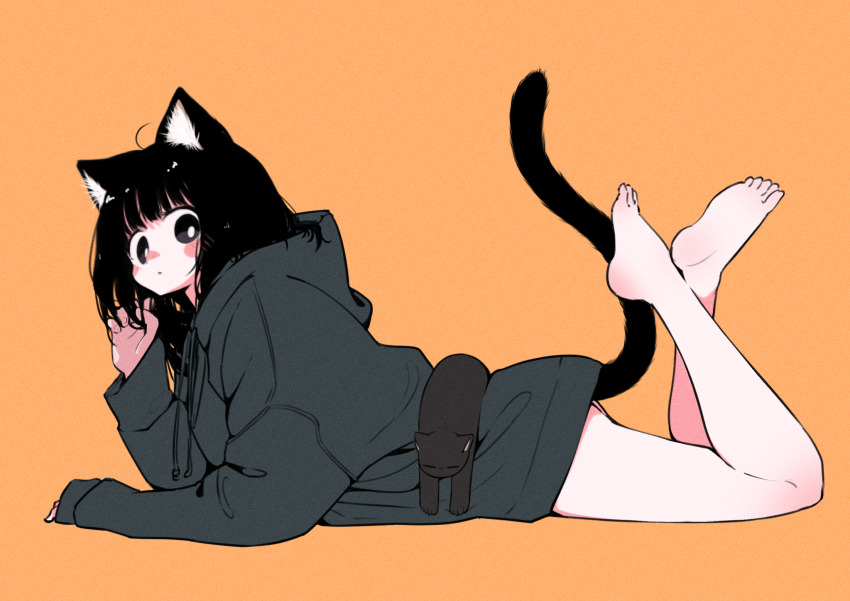1girl, animal, animal_ears, bare_legs, barefoot, black_eyes, black_hair, blush_stickers