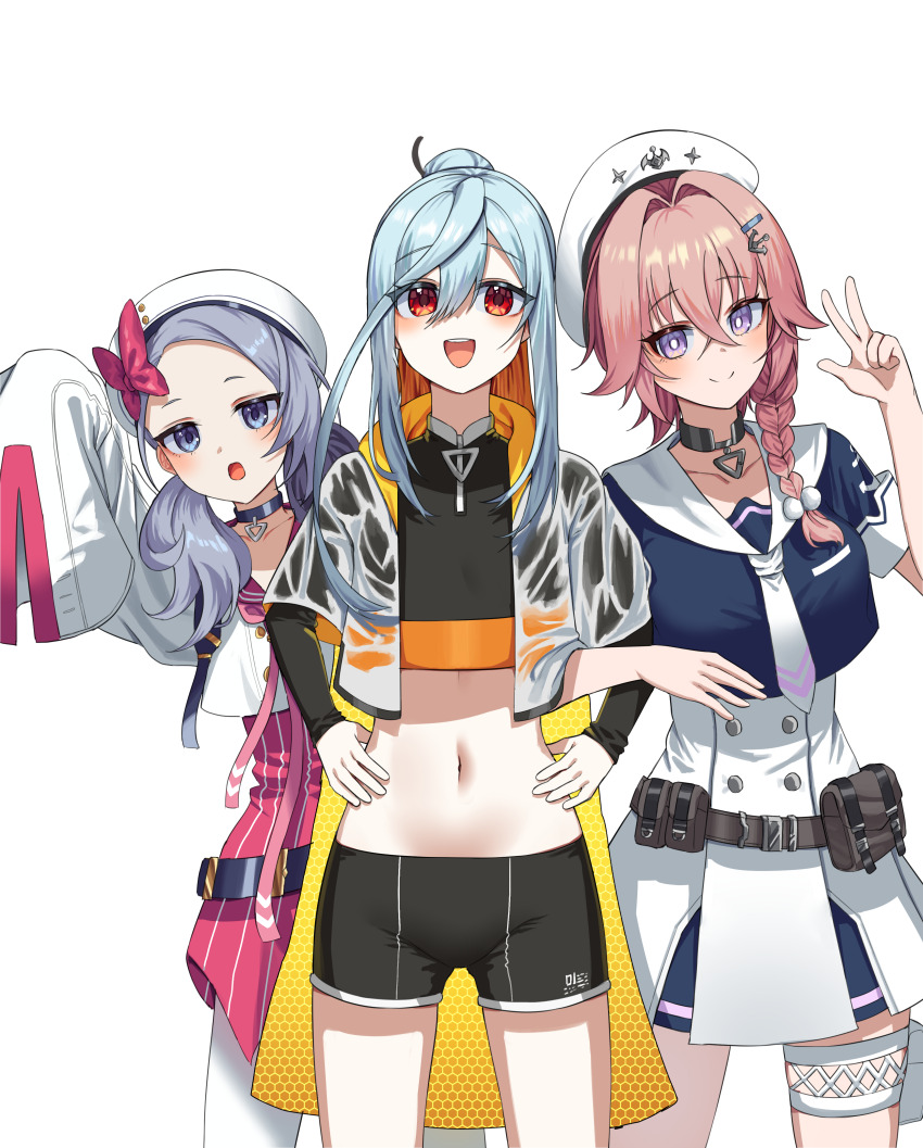 3girls, :d, absurdres, anchor_hair_ornament, arm_up, belt, beret, black_choker, blue_serafuku, bow, braid, bright_pupils, choker, collarbone, colored_inner_hair, commentary, commission, counter:side, credere_crew, cropped_jacket, cropped_shirt, crossed_bangs, forehead, grey_eyes, grey_hair, hair_between_eyes, hair_bobbles, hair_intakes, hair_ornament, hair_over_shoulder, hairclip, hand_up, hands_on_own_hips, hat, hat_bow, highres, honeycomb_(pattern), jacket, jinggun, jitome, locked_arms, long_hair, long_sleeves, looking_at_viewer, low_twintails, multicolored_hair, multiple_girls, navel, necktie, official_alternate_costume, open_mouth, orange_hair, parted_lips, pink_hair, pink_necktie, pink_sailor_collar, pinstripe_pattern, pinstripe_shirt, ponytail, pouch, purple_eyes, raised_eyebrows, red_bow, red_eyes, sailor_collar, sailor_hat, school_uniform, serafuku, shirt, shirt_overhang, short_shorts, shorts, sigma_(counter:side), simple_background, sleeves_past_fingers, sleeves_past_wrists, smile, standing, stomach, teeth, thigh_pouch, thigh_strap, twintails, upper_teeth_only, w, white_background, white_hat, white_jacket, white_necktie, white_pupils, white_sailor_collar, yuppie_(counter:side)