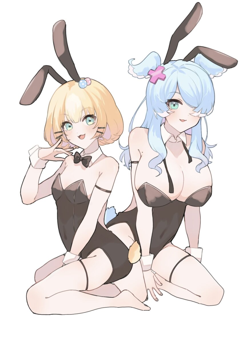 2girls, :3, animal_ears, aqua_eyes, arm_between_legs, arm_strap, armpit_crease, black_bow, black_bowtie, blonde_hair, blue_hair, bow, bowtie, breasts, cleavage, covered_navel, detached_collar, edage_18, elira_pendora, fake_animal_ears, fake_tail, hair_over_one_eye, head_wings, highres, kneeling, large_breasts, long_hair, looking_at_viewer, loose_necktie, medium_hair, millie_parfait, mole, mole_on_armpit, multiple_girls, necktie, nijisanji, nijisanji_en, open_mouth, playboy_bunny, rabbit_ears, rabbit_tail, simple_background, small_breasts, tail, thigh_strap, virtual_youtuber, white_background, wings, wrist_cuffs