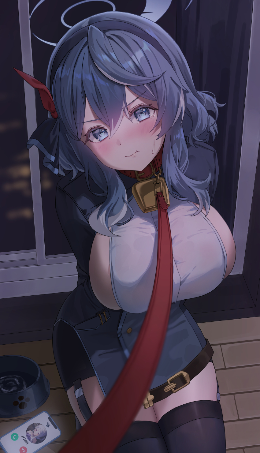 1girl, absurdres, ako_(blue_archive), animal_collar, arms_behind_back, bell, black_thighhighs, blue_archive