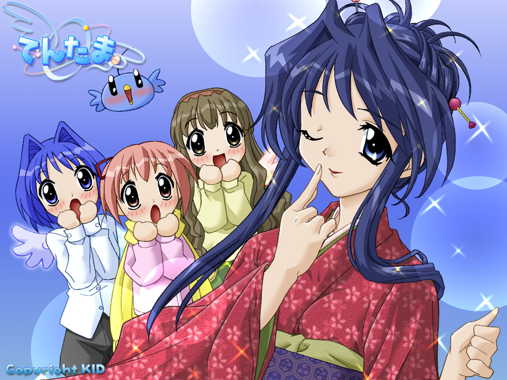 1boy, 4girls, abstract_background, ahoge, aoi_(bird)_(tentama), aoi_(tentama), aqua_bird, aqua_eyes