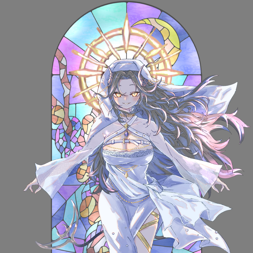 1girl, belt, black_hair, blue_hair, breasts, buranka, chest_belt, cleavage_cutout