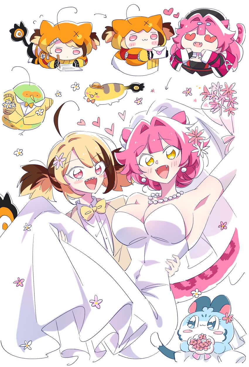 2girls, absurdres, ahoge, alternate_costume, animal_ear_fluff, animal_ears, blush, bouquet