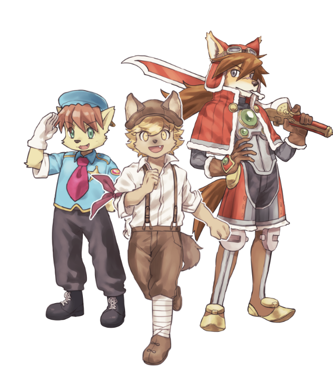 3boys, animal_ears, black_footwear, black_pants, blonde_hair, blue_hat, bone, bone_in_mouth