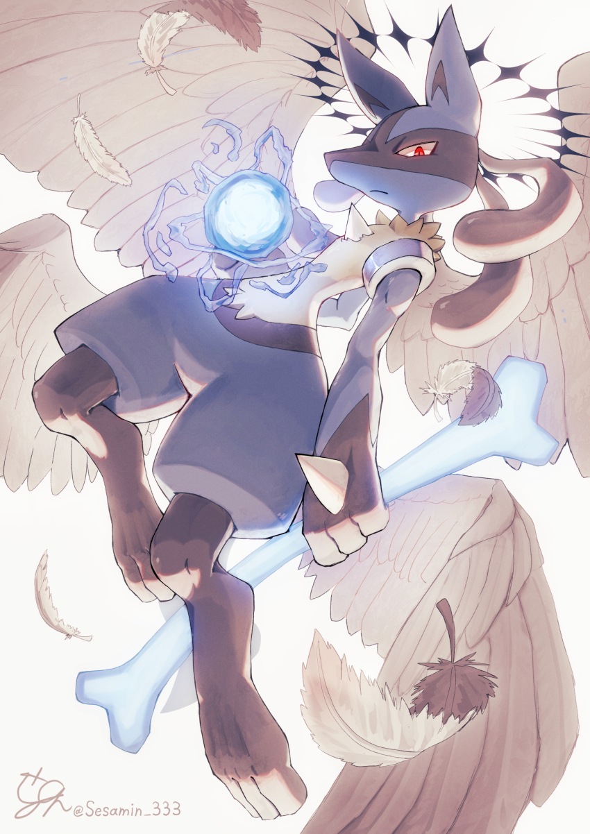 angel_wings, aura_sphere_(pokemon), black_hair, bone, bone_rush_(pokemon), closed_mouth, feathered_wings, feathers