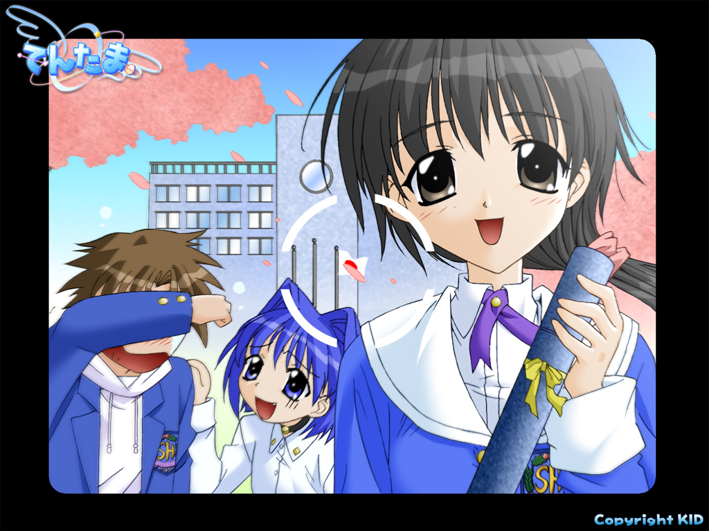 2000s_(style), 2girls, aizawa_sachiko, aizawa_takashi, aoi_(tentama), archived_source, arrow_(projectile), bell, black_border, black_choker, black_hair, blue_eyes, blue_hair, blue_jacket, blue_sleeves, blush, border, brown_eyes, building, buttons, cherry_blossoms, choker, collar, collared_jacket, company_name, copyright_name, cross_tie, crying, diploma, drawstring, dress_shirt, egg, english_text, facing_viewer, fang, gold_buttons, graduation, hair_ornament, hair_scrunchie, holding, holding_diploma, hood, hood_down, hoodie, jacket, kindle_imagine_develop, koshimizu_takayuki, light_brown_hair, logo, long_hair, looking_at_another, looking_at_viewer, low-tied_long_hair, low_ponytail, multiple_girls, neck_bell, official_art, official_wallpaper, open_mouth, outline, partially_cracked_egg, petals, pink_outline, pink_petals, ponytail, ribbon, sailor_collar, school, scrunchie, second-party_source, shirt, short_hair, simple_background, star_(symbol), tentama, tentama:_1st_sunny_side, title, undershirt, viewfinder, white_collar, white_hood, white_hoodie, white_sailor_collar, white_shirt, window, wing_collar, yashiro_shizuka, yellow_ribbon