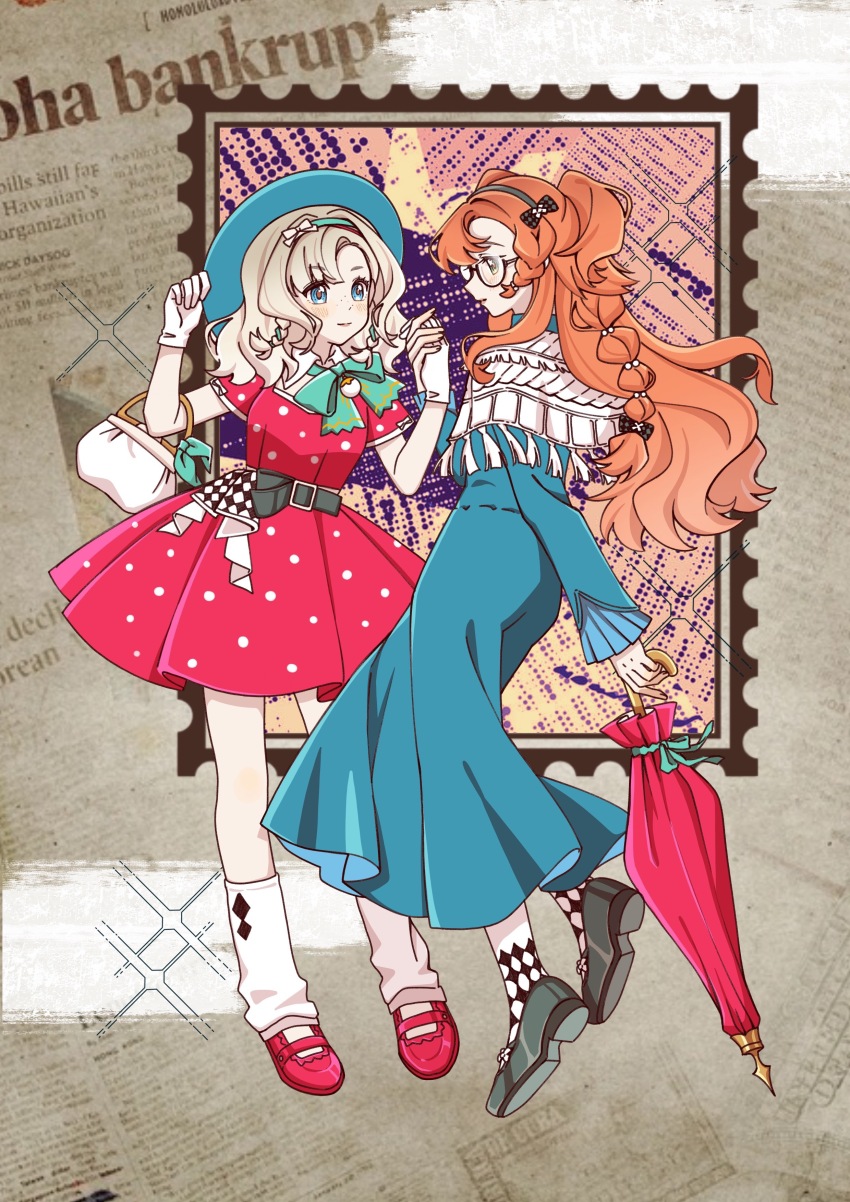 2girls, absurdres, adjusting_clothes, adjusting_headwear, aqua_hairband, bag, belt, black_belt