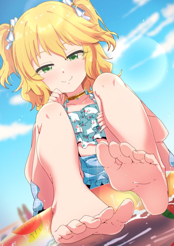 1girl, barefoot, bikini, bikini_skirt, blonde_hair, blue_sky, bow, checkered_clothes