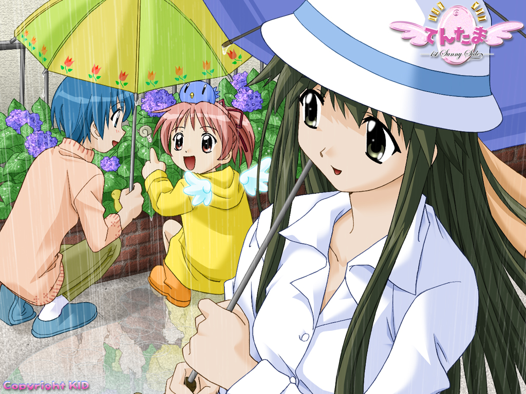 3girls, ankle_socks, aqua_eyes, aqua_hair, aqua_shoes, archived_source, blue_umbrella, boots