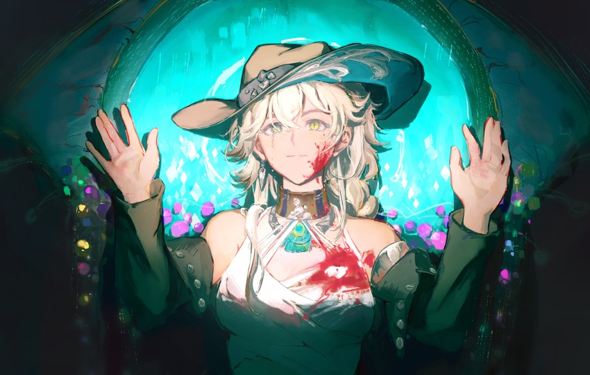 1girl, absurdres, aqua_background, argus_(reverse:1999), bare_shoulders, blonde_hair, blood, blood_on_chest