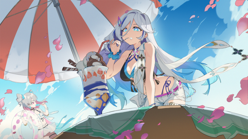 2girls, beach_umbrella, bikini, black_bikini, blue_bikini, blue_eyes, breasts, bright_pupils