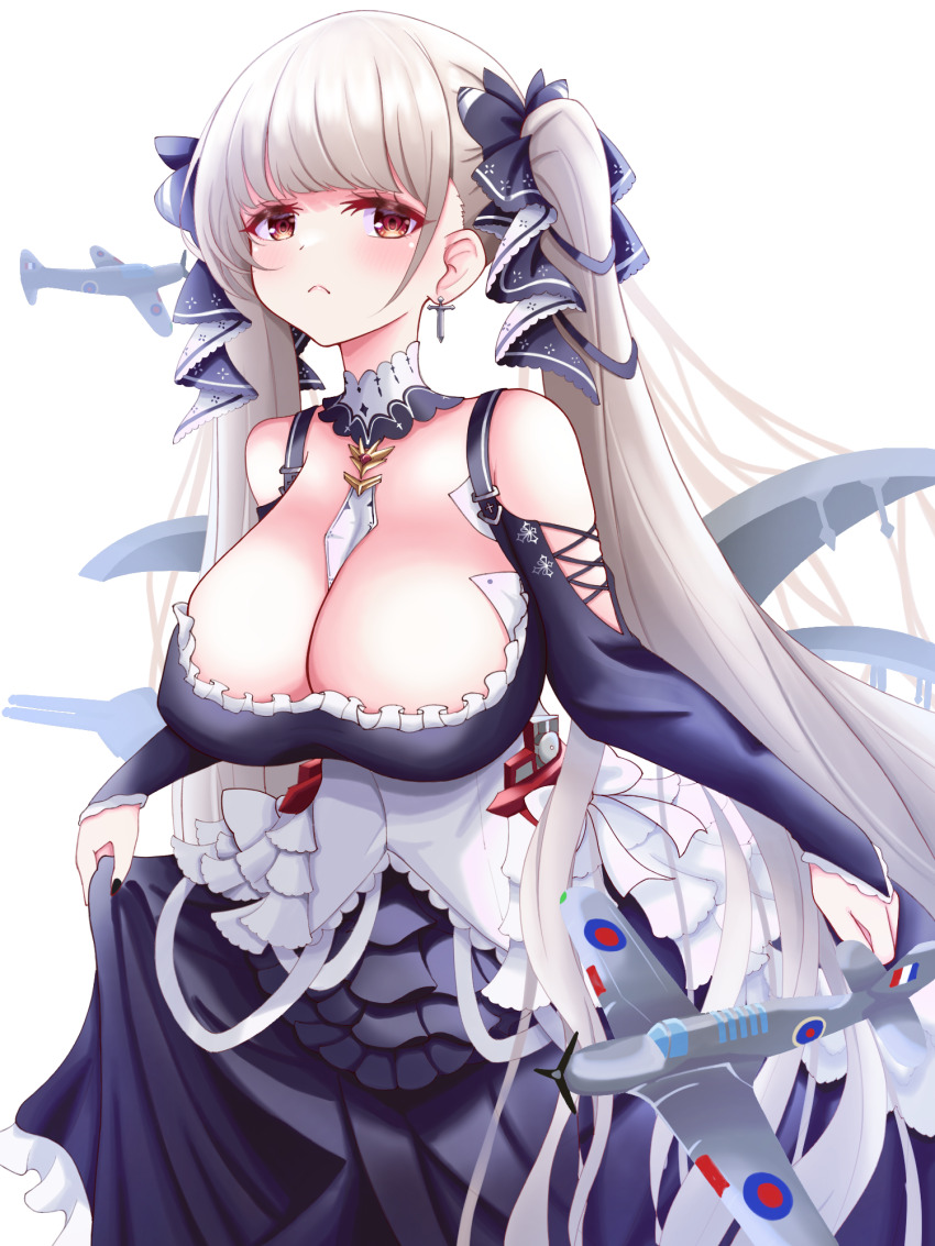 1girl, aircraft, aircraft_request, airplane, azur_lane, bare_shoulders, between_breasts, black_dress