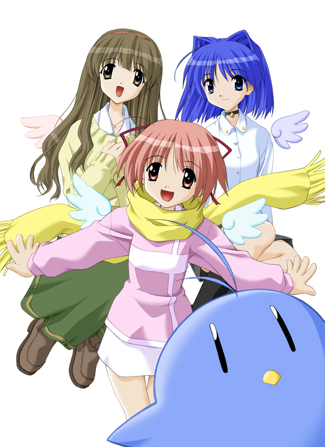 1boy, 2000s_(style), 3girls, antenna_hair, aoi_(bird)_(tentama), aoi_(tentama), aqua_bird, aqua_outline