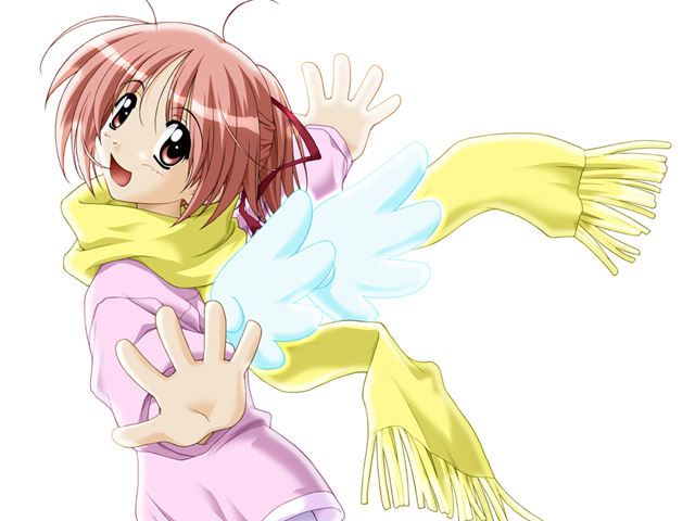 1girl, 2000s_(style), abstract_background, ahoge, archived_source, blush, cowboy_shot, detached_wings