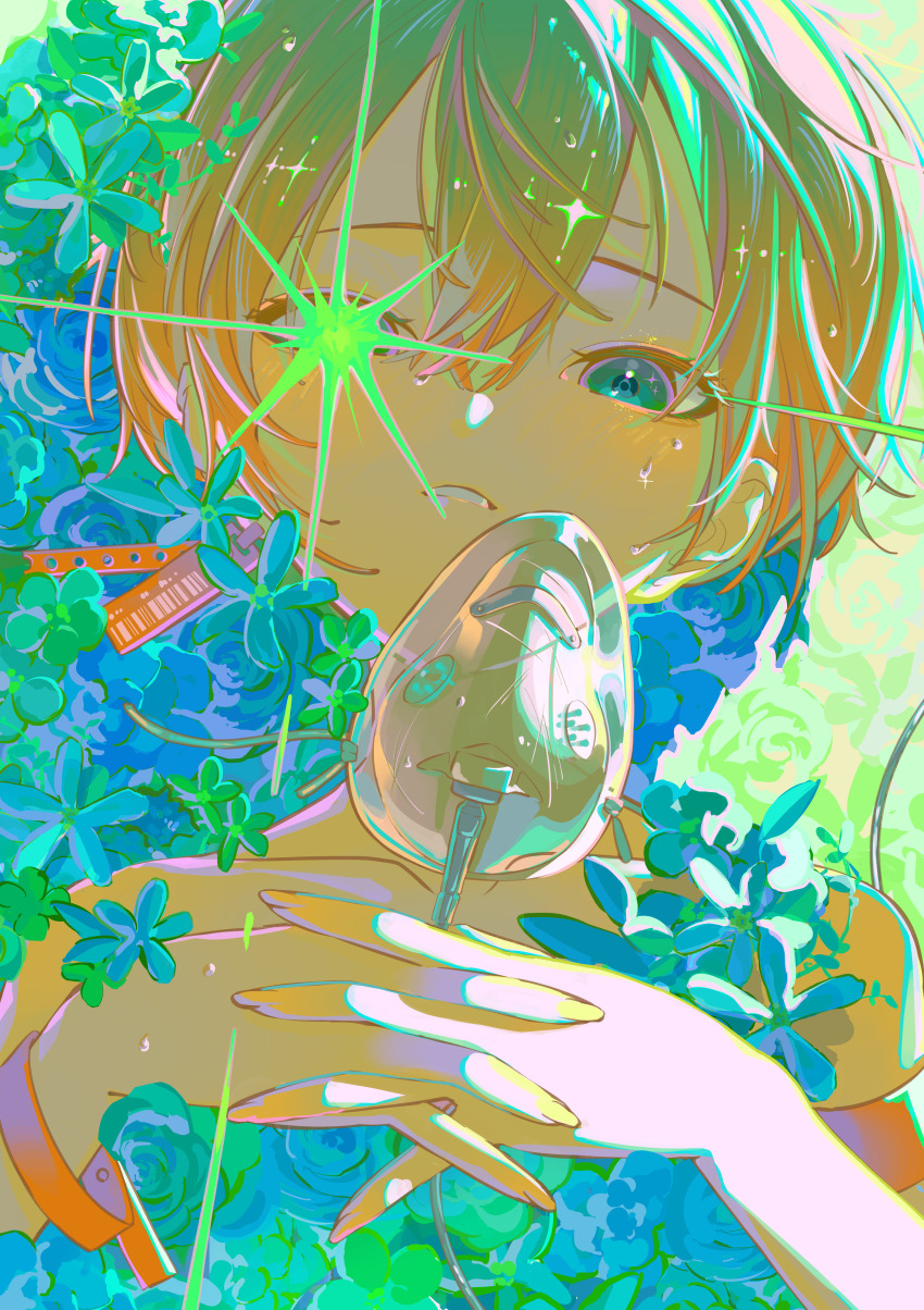 1girl, absurdres, barcode, blue_flower, commentary, earrings, flower, glowing