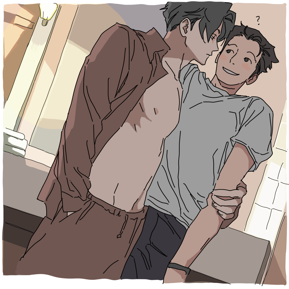 2boys, :|, ?, ace_attorney, arm_around_another's_back, bare_pectorals, blue_pants, blush, border, brown_eyes, brown_hair, brown_pants, brown_shirt, closed_mouth, collared_shirt, commentary_request, cowboy_shot, drawsting, dutch_angle, grey_hair, groin, hand_on_another's_arm, jibog1043588, korean_commentary, light_fixture, long_sleeves, looking_at_another, male_focus, miles_edgeworth, multiple_boys, navel, nipples, open_clothes, open_shirt, pants, pectorals, phoenix_wright, shirt, short_sleeves, smile, sweatpants, t-shirt, tile_wall, tiles, white_border, white_shirt, yaoi