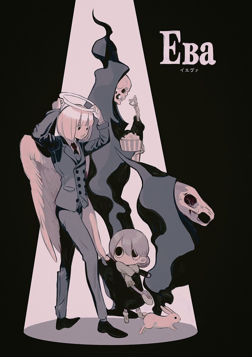 2girls, 2others, adjusting_halo, angel, angel_wings, animal_skull, arms_up, bag, black_background, child, collared_shirt, commentary_request, copyright_name, death_(entity), double_bun, dress, eating, expressionless, food, full_body, grim_reaper, hair_between_eyes, hair_bun, highres, holding, hood, hood_up, jacket, multiple_girls, multiple_others, necktie, original, panda23577667, pants, popcorn, rabbit, scarf, shirt, shoes, shoulder_bag, simple_background, skeleton, spotlight, standing, translation_request, wings