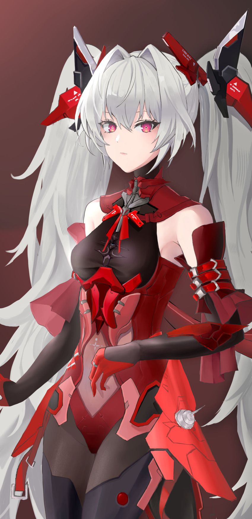 1girl, absurdres, black_bodysuit, bodysuit, breasts, cross-shaped_pupils, detached_sleeves, elbow_gloves