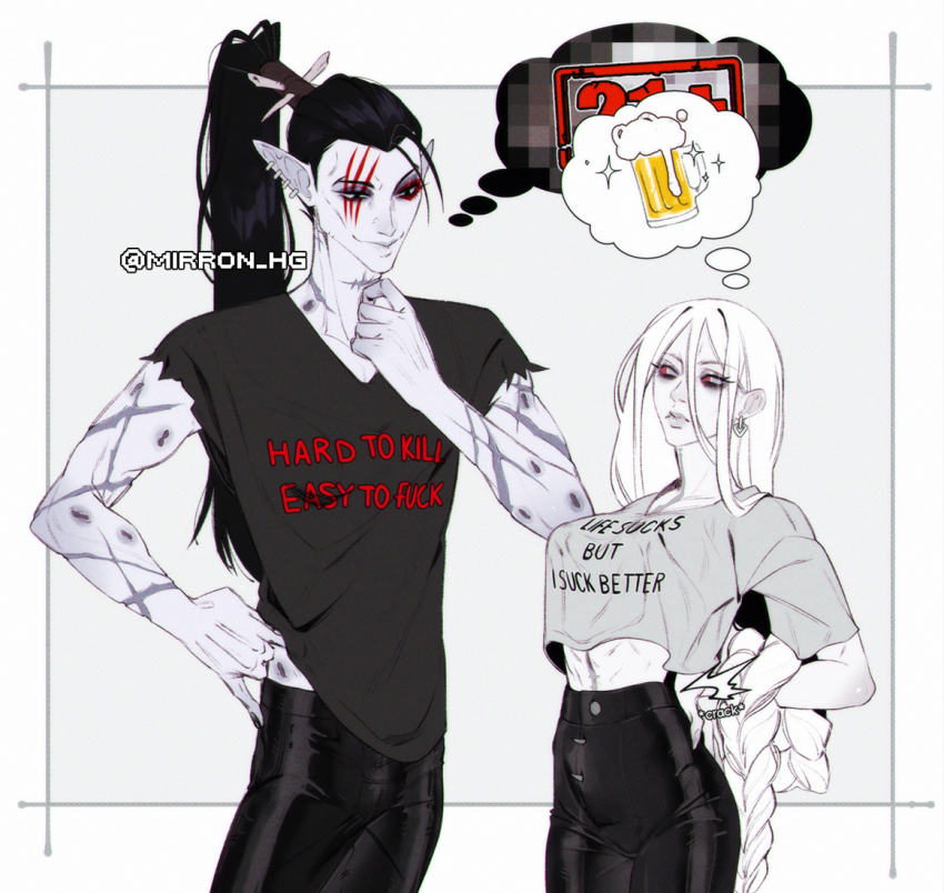 1boy, 1girl, another_ship_dynamic_i_enjoy_(meme), black_hair, black_leggings, black_shirt, braid, breasts